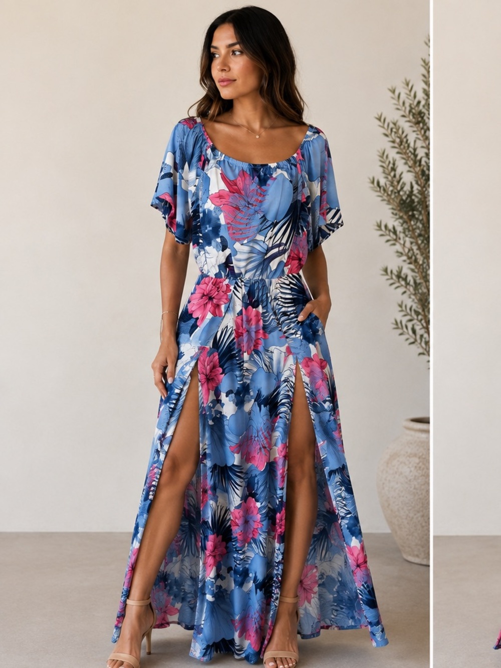 Fashion Nova Blue & Pink Tropical Floral Maxi Dress